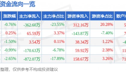 股票行情快报:ST恒久(002808)12月11日主力资金净卖出362.60万元