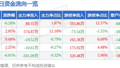 股票行情快报:渝三峡A(000565)12月23日主力资金净买入88.55万元