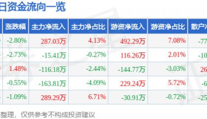 永清环保(300187)8月28日主力资金净买入287.03万元
