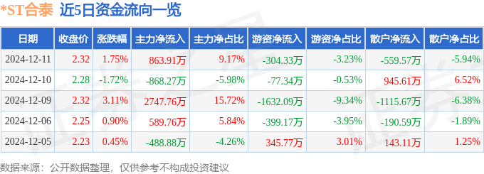 股票行情快报：*ST合泰（002217）12月11日主力资金净买入863.91万元