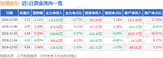 股票行情快报：宝莫股份（002476）12月9日主力资金净卖出1313.82万元