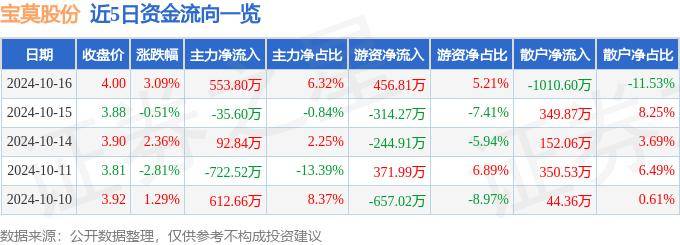 股票行情快报：宝莫股份（002476）10月16日主力资金净买入553.80万元
