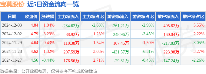 股票行情快报：宝莫股份（002476）12月3日主力资金净卖出234.62万元