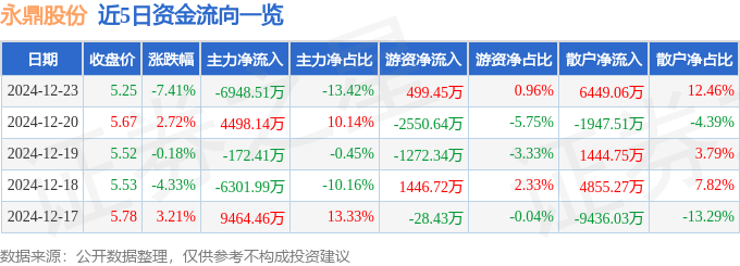 永鼎股份（600105）12月23日主力资金净卖出6948.51万元