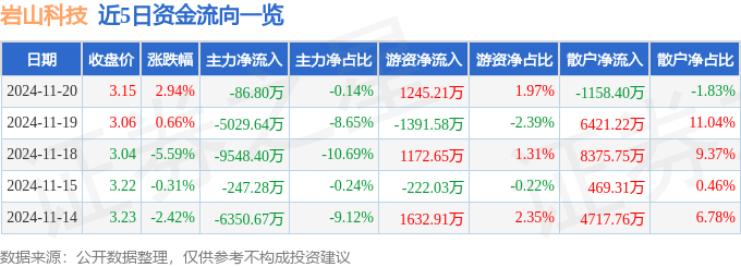 股票行情快报：岩山科技（002195）11月20日主力资金净卖出86.80万元