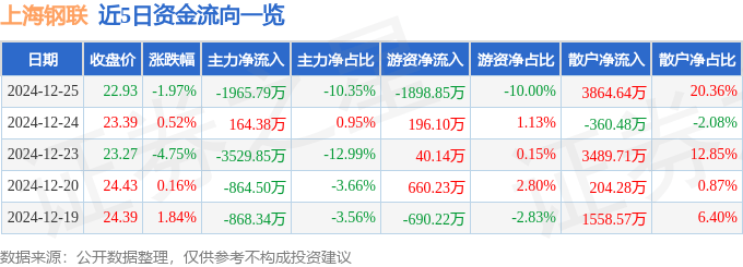 股票行情快报：上海钢联（300226）12月25日主力资金净卖出1965.79万元
