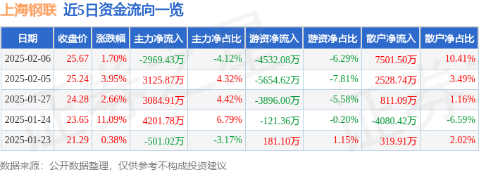 股票行情快报：上海钢联（300226）2月6日主力资金净卖出2969.43万元
