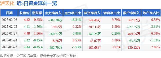 股票行情快报：泸天化（000912）2月6日主力资金净卖出907.38万元