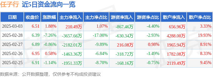 股票行情快报：任子行（300311）3月3日主力资金净买入210.49万元