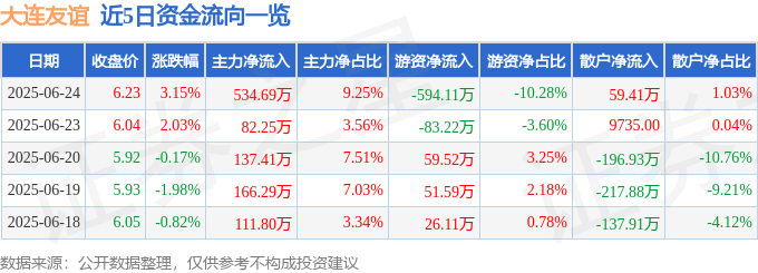 股票行情快报：大连友谊（000679）6月24日主力资金净买入534.69万元