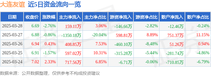 股票行情快报：大连友谊（000679）3月28日主力资金净买入159.11万元