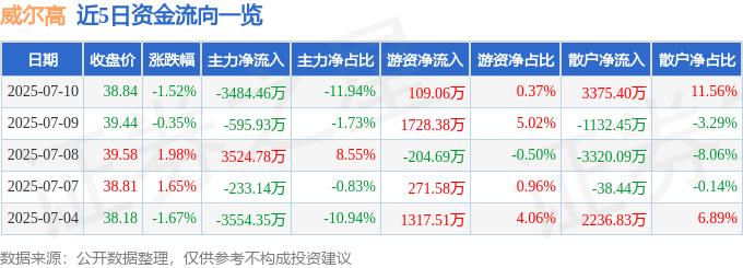股票行情快报：威尔高（301251）7月10日主力资金净卖出3484.46万元