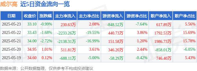 股票行情快报：威尔高（301251）5月23日主力资金净买入230.63万元