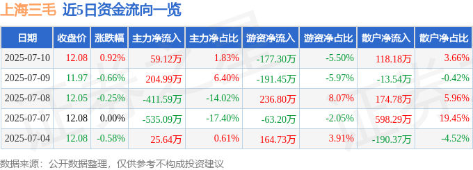 股票行情快报:上海三毛(600689)7月10日主力资金净买入59.12万元