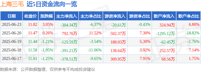 股票行情快报:上海三毛(600689)6月23日主力资金净卖出304.34万元