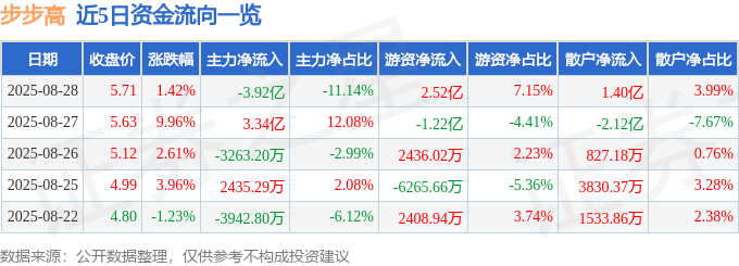 股票行情快报:步步高(002251)8月28日主力资金净卖出3.92亿元
