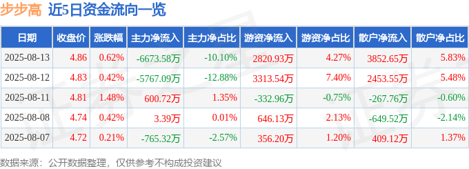 股票行情快报:步步高(002251)8月13日主力资金净卖出6673.58万元
