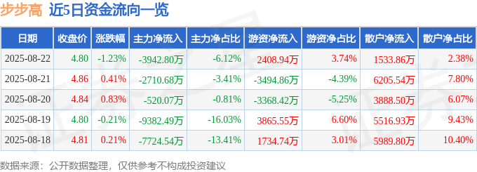 股票行情快报:步步高(002251)8月22日主力资金净卖出3942.80万元